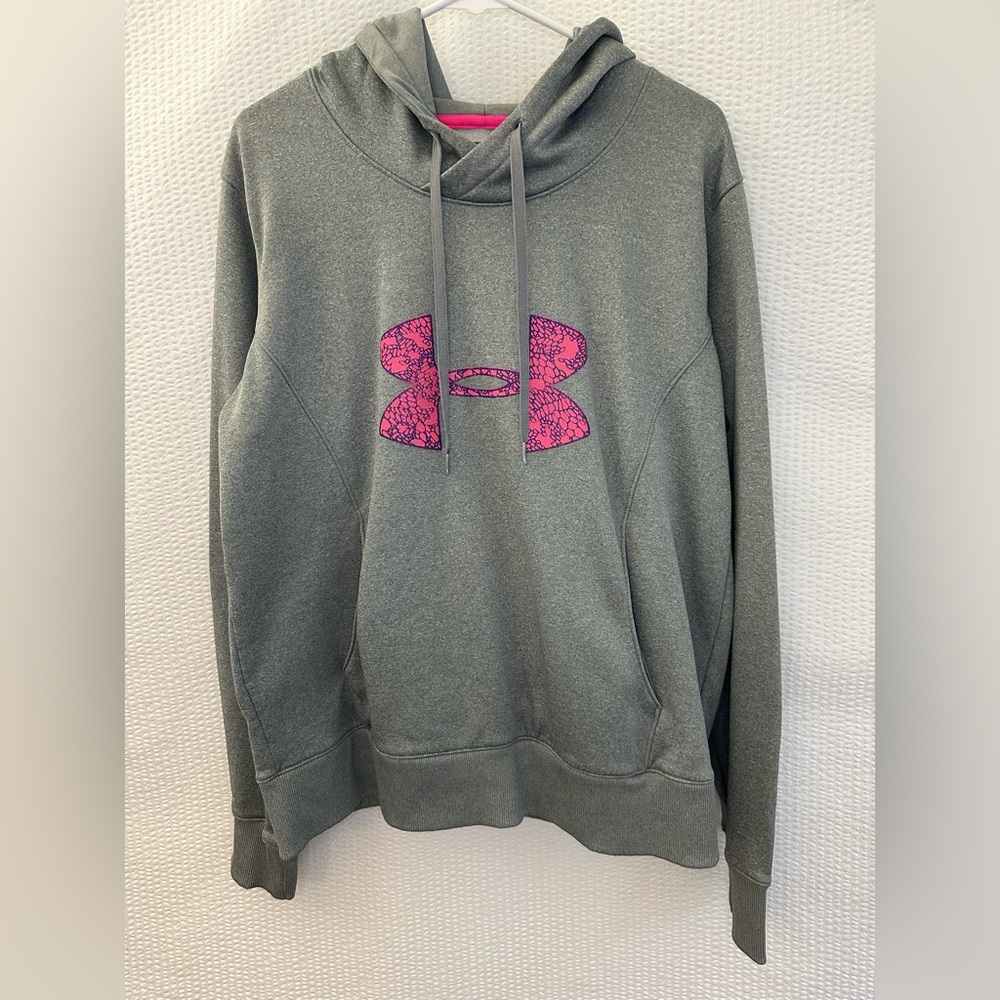 UNDER ARMOUR Gray Pink Logo Pullover Hoodie Sweatshirt Women’s Large ColdGear